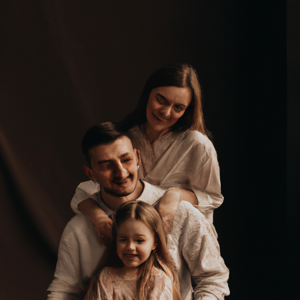 ホームライクな空間での家族写真。暖かい自然光と穏やかな色調。